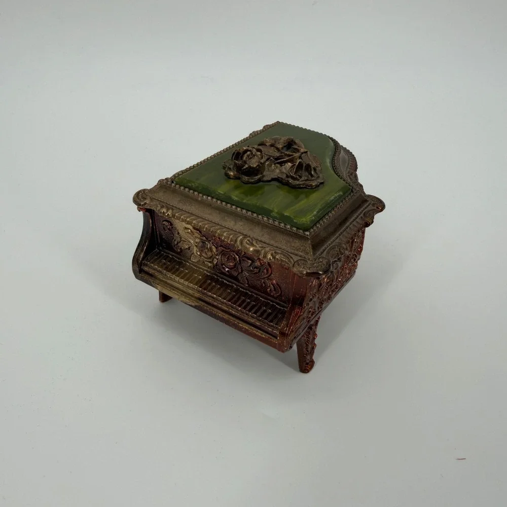 Vintage Mele Piano Jewelry Box Green Lucite Lid Ornate Rose Metal Trinket Japan